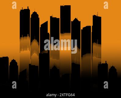 Une ligne d'horizon de la ville vibre lorsqu'un tremblement de terre déplace le sol en dessous dans une illustration. Banque D'Images