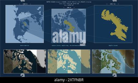 Île de Baffin dans la baie de Baffin - appartenant au Canada. Diagramme de localisation décrit avec la forme jaune de l'île et échantillons de cartes de ses environs Banque D'Images