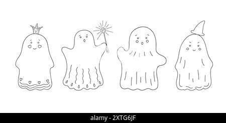 Petits fantômes de contour mignons avec des émotions de visage ensemble illustration dessinée à la main simple doodle effrayant conte de fées, personnages de fantaisie pour les célébrations de vacances d'Halloween, bannière, cartes, décor d'affiche Illustration de Vecteur