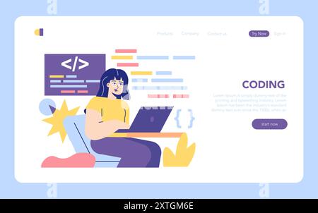 Concept d'éducation STEM. Une jeune femme programme sur un ordinateur portable, symbolisant le développement des compétences en codage. Conception d'interface de plate-forme d'apprentissage interactive. Illustration vectorielle. Illustration de Vecteur