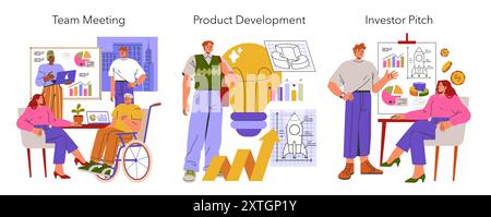 Business Startup Set. Étapes dynamiques de la réunion d'équipe au développement de produits et au lancement d'investisseurs. Travail collaboratif, créativité et financement. Illustration vectorielle. Illustration de Vecteur