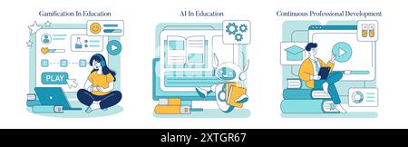 Tendances de l'éducation. Impliquer les éléments du jeu dans l'apprentissage, le rôle de l'IA dans l'éducation moderne, le développement continu des compétences. Illustration vectorielle. Illustration de Vecteur