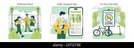 Journée mondiale sans voiture. La vie urbaine avec un accent sur la marche, l'utilisation d'applications pour les transports publics et les zones sans voitures. Concept de ville durable. Illustration vectorielle. Illustration de Vecteur