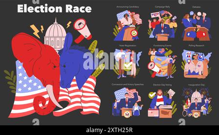 Ensemble de course électorale. Illustration des activités de campagne politique et des étapes du processus démocratique. Annonce de candidature au jour de l'inauguration. Illustration vectorielle. Illustration de Vecteur