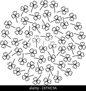 Contour Shamrocks en forme de cercle isolé sur blanc. Le trèfle laisse le fond. Concept de salutations. Vecteur papier peint ou cartes, affiche, bannière, brochure, étiquette de prix, étiquette ou web, idée de conception promo Illustration de Vecteur