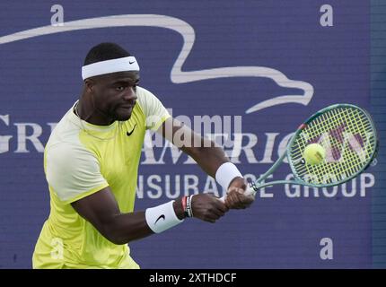 14 août 2024 : Frances Tiafoe (États-Unis) bat Lorenzo Musetti (ITA) 6-2, 6-3, au Western & Southern Open joué au Lindner Family Tennis Center à Mason, Ohio. © Leslie Billman/Tennisclix/CSM Banque D'Images