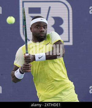 14 août 2024 : Frances Tiafoe (États-Unis) bat Lorenzo Musetti (ITA) 6-2, 6-3, au Western & Southern Open joué au Lindner Family Tennis Center à Mason, Ohio. © Leslie Billman/Tennisclix/CSM Banque D'Images