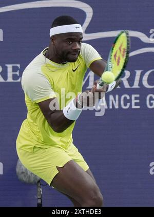 14 août 2024 : Frances Tiafoe (États-Unis) bat Lorenzo Musetti (ITA) 6-2, 6-3, au Western & Southern Open joué au Lindner Family Tennis Center à Mason, Ohio. © Leslie Billman/Tennisclix/CSM Banque D'Images