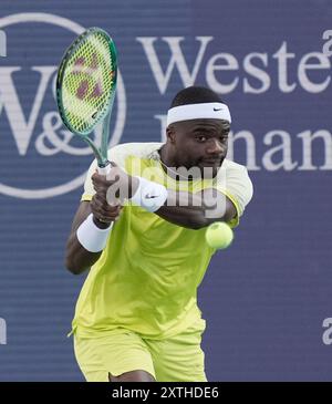 14 août 2024 : Frances Tiafoe (États-Unis) bat Lorenzo Musetti (ITA) 6-2, 6-3, au Western & Southern Open joué au Lindner Family Tennis Center à Mason, Ohio. © Leslie Billman/Tennisclix/CSM Banque D'Images