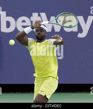 14 août 2024 : Frances Tiafoe (États-Unis) bat Lorenzo Musetti (ITA) 6-2, 6-3, au Western & Southern Open joué au Lindner Family Tennis Center à Mason, Ohio. © Leslie Billman/Tennisclix/CSM Banque D'Images