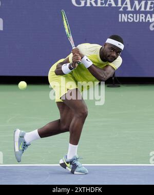 14 août 2024 : Frances Tiafoe (États-Unis) bat Lorenzo Musetti (ITA) 6-2, 6-3, au Western & Southern Open joué au Lindner Family Tennis Center à Mason, Ohio. © Leslie Billman/Tennisclix/CSM Banque D'Images