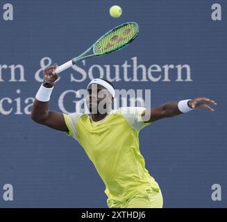 14 août 2024 : Frances Tiafoe (États-Unis) bat Lorenzo Musetti (ITA) 6-2, 6-3, au Western & Southern Open joué au Lindner Family Tennis Center à Mason, Ohio. © Leslie Billman/Tennisclix/CSM Banque D'Images