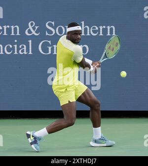 14 août 2024 : Frances Tiafoe (États-Unis) bat Lorenzo Musetti (ITA) 6-2, 6-3, au Western & Southern Open joué au Lindner Family Tennis Center à Mason, Ohio. © Leslie Billman/Tennisclix/CSM Banque D'Images