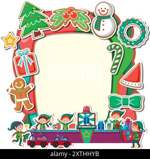 Cadre de vacances coloré avec des elfes et des décorations Illustration de Vecteur