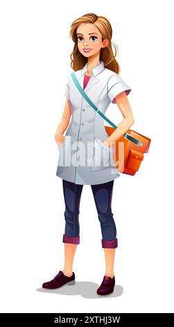 Fille médecin avec sac de médicaments. L'aide professionnelle de la médecine. Style dessin animé amusant. objet isolé sur fond blanc. Vecteur Illustration de Vecteur