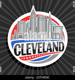 Logo vectoriel pour Cleveland, étiquette décorative blanche avec illustration de contour du paysage urbain de cleveland sur fond de ciel de jour, réfrigérateur de conception d'art magne Illustration de Vecteur