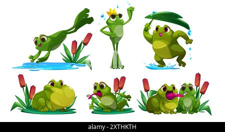 Mascotte de personnage de dessin animé de grenouille mignonne dans différentes poses - le crapaud animal d'étang vert saute dans l'eau, se tient debout avec la couronne, couvre la tête avec la feuille pendant la pluie, s'assoit sur l'herbe et le roseau, attrape l'insecte avec la langue. Illustration de Vecteur