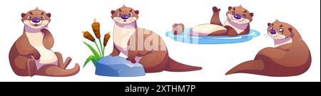 Jeu de personnages de dessin animé de loutre drôle. Mascotte d'animaux d'eau mignonne vectorielle dans différentes poses - souriante assise, debout sur la pierre avec des roseaux, nageant dans la rivière et agitant la patte, couché en arrière et jetant un œil. Illustration de Vecteur