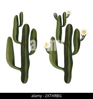 Saguaro. Cactus en fleurs avec des fleurs blanches et jaunes. Plantes pour la maison. Floriculture. Flore du désert. Illustration aquarelle isolée sur blanc Banque D'Images