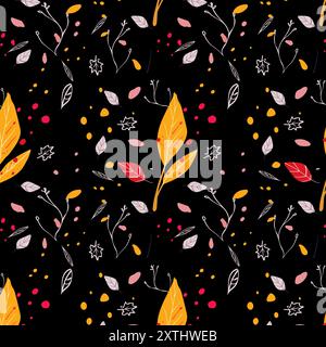 Motif sans couture d'automne sur un fond noir avec des feuilles et des branches jaunes. Idéal pour les textiles, les emballages et les conceptions numériques. Design d'automne audacieux et dynamique. Illustration de Vecteur