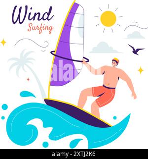 Illustration vectorielle de planche à voile avec une personne debout sur un bateau à voile, tenant la voile, dans un sport aquatique extrême en fond de dessin animé plat Illustration de Vecteur