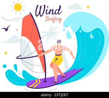 Illustration vectorielle de planche à voile avec une personne debout sur un bateau à voile, tenant la voile, dans un sport aquatique extrême en fond de dessin animé plat Illustration de Vecteur