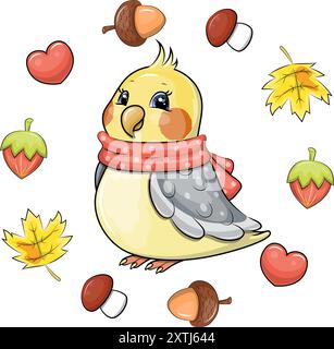 Joli cockatiel de dessin animé avec une écharpe dans un cadre d'automne. Illustration vectorielle d'un animal avec une noix, un gland, une feuille jaune, un champignon et un cœur. Illustration de Vecteur