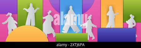 Silhouette figures colorées style coupé en papier de fond. Diverses silhouettes blanches de personnes dans différentes poses contre des blocs de couleur vibrants et Illustration de Vecteur