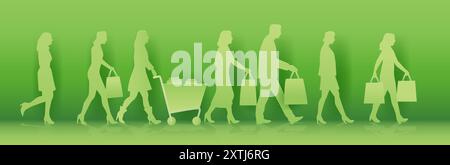 Silhouettes de shopping fond vert personnes transportant des sacs poussant le chariot papier coupé style Illustration de Vecteur