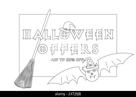 Une page de coloriage amusante et effrayante sur le thème de l'Halloween avec une chauve-souris dans un chapeau de sorcière, un balai, et une affiche de vente d'offres d'Halloween. Parfait pour colorer e. Illustration de Vecteur