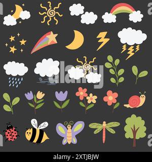 Ensemble de griffonnages nature. Nuages, conditions météorologiques, abeille, papillon, libellule, coccinelle, escargot, fleurs, plantes, arc-en-ciel, arbre. Illustration de Vecteur