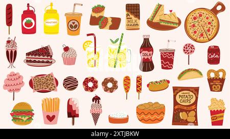 Encas et friandises de restauration rapide. Hamburger, burrito, frites, biscuits, cupcake, beignets, frites, crème glacée, pizza, bretzel, sandwich, soda et plus encore. Illustration de Vecteur