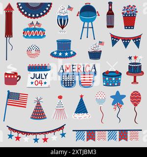 Quatrième de juillet éléments définis. Drapeau américain, ballons patriotiques, bannières, banderoles, bière, gâteau, cupcake, sandwich hot-dog, milkshake et plus encore. Illustration de Vecteur