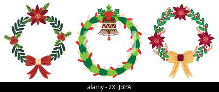 Ensemble d'éléments de couronnes de Noël festives. Illustrations vectorielles dessinées à la main. Illustration de Vecteur