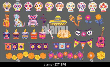 Le jour des éléments morts est défini. Dia de Los Muertos. Culture et tradition mexicaines. Crânes de sucre, calavera, bougies ofrenda et autres éléments festifs. Illustration de Vecteur