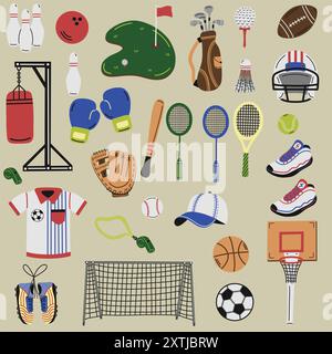 Ensemble d'illustration d'équipement de sport et d'accessoires. Pour badminton, baseball, basket-ball, bowling, boxe, football, golf, football, tennis et plus encore. Illustration de Vecteur