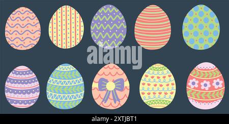 Ensemble d'éléments d'oeufs de Pâques pastel. Illustrations vectorielles dessinées à la main. Illustration de Vecteur