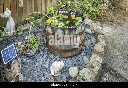Winsford, Cheshire West et Chester, Royaume-Uni - 14 août 2024 - étang de jardin fait d'un vieux tonneau de vin dans un jardin de campagne anglais Banque D'Images