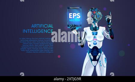 IA ou intelligence artificielle sous la forme d'un robot féminin humanoïde tient une affiche vide ou un modèle d'écran dans les mains. Robot ai présente business repor Illustration de Vecteur