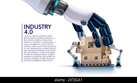 Robots de travail de gestion AI sur usine ou entrepôt. IA dans l'image, le bras ou la main d'un robot humanoïde met des boîtes sur des palettes. L'IA contrôle les bras robotisés sur le fabricant Illustration de Vecteur