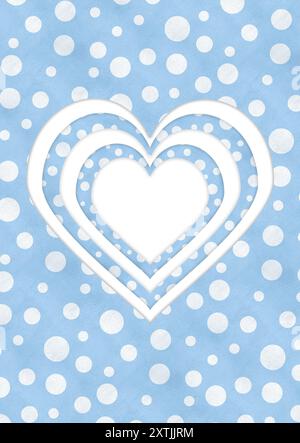 Coeurs blancs sur motif à pois bleus et blancs avec texture aquarelle peinte à la main. Carte postale prête à l'emploi dans la conception de style de coupe de papier. Baby shower, bi Banque D'Images