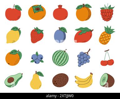 Un ensemble de fruits, y compris citron, pomme, grenade et kaki. Illustration vectorielle plate dessinée à la main isolée sur un fond blanc Illustration de Vecteur