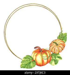 Double cadre circulaire décoratif doré avec citrouilles orange vif et feuilles vertes. Clipart d'automne. Élément de carte postale de Thanksgiving. Eau dessinée à la main Banque D'Images