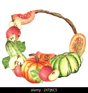 Couronne d'automne avec orange, citrouilles vertes, pommes, feuilles et tranches clipart d'automne. Élément de carte postale de Thanksgiving. Illustrations aquarelles dessinées à la main. Banque D'Images