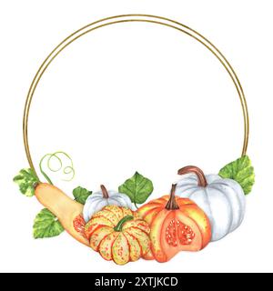 Cadre circulaire décoratif doré avec citrouilles orange vif et blanc, courge butternut coupée en deux et feuilles vertes. Clipart d'automne. Car de Thanksgiving Banque D'Images