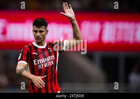 Milan, Italie. 14 août 2024. Alvaro Morata de l'AC Milan fait des gestes pendant le match de football Trofeo Silvio Berlusconi entre l'AC Milan et l'AC Monza. L'AC Milan a gagné 3-1 contre l'AC Monza. Crédit : Nicolò Campo/Alamy Live News Banque D'Images