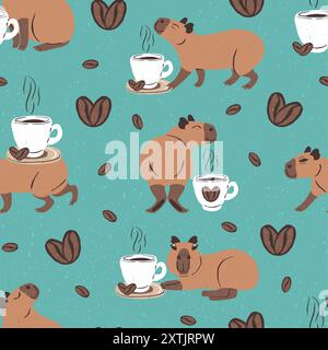 Modèle sans couture avec capybaras drôles et tasses à café Illustration de Vecteur