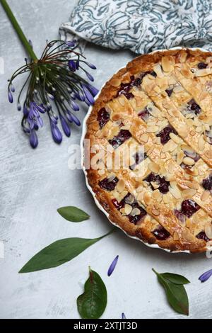 Tarte au treillis de myrtille fraîchement cuite sur une table. Belle croûte dorée en gros plan. Gâteau rond sucré maison. Fond gris clair avec espace de copie Banque D'Images