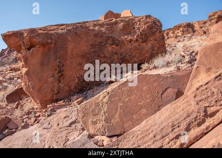 Gravures rupestres anciennes à Twyfelfontein, Damaraland, Namibie. Banque D'Images