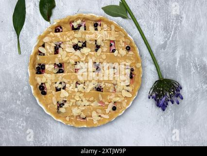 Tarte aux baies maison sur un fond concret. Vue de dessus. Tarte aux baies maison non cuite sur un fond concret. Vue de dessus. Banque D'Images